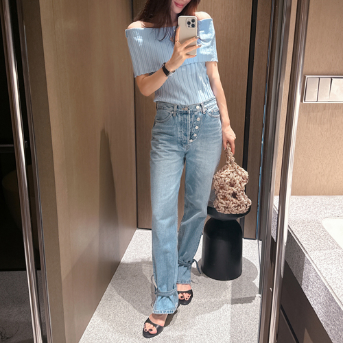 Steam strap denim pants